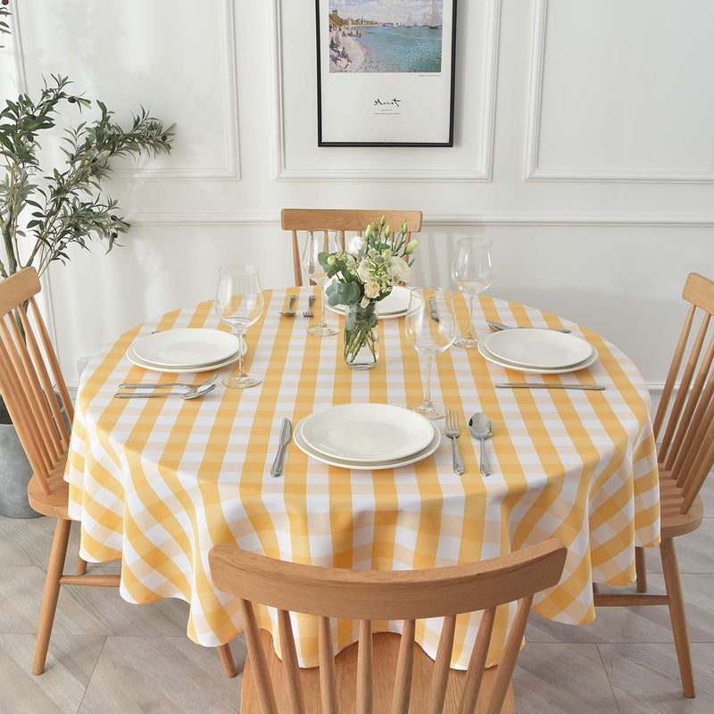 maxmill Round Checkered Tablecloth Spillproof Wrinkle Free Heavy Weight Gingham Table Cloth for Circular Table Buffalo Plaid for Buffet Banquet Parties Holiday Dinner 70 Inch Yellow and White - Image 2